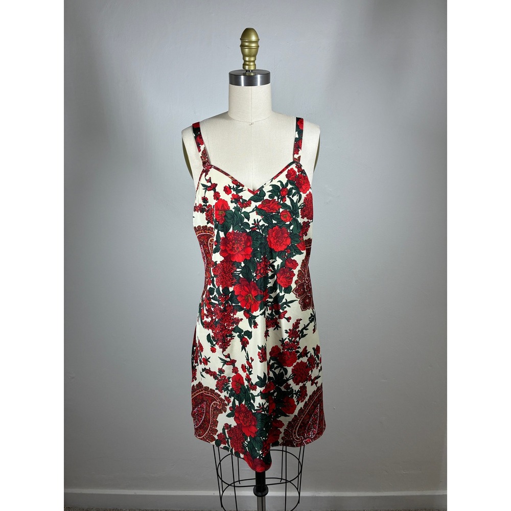 Vintage Red Green Floral Lingerie Slip Dress and Robe Sleep Set Medium 80s 90s - Picture 8 of 12